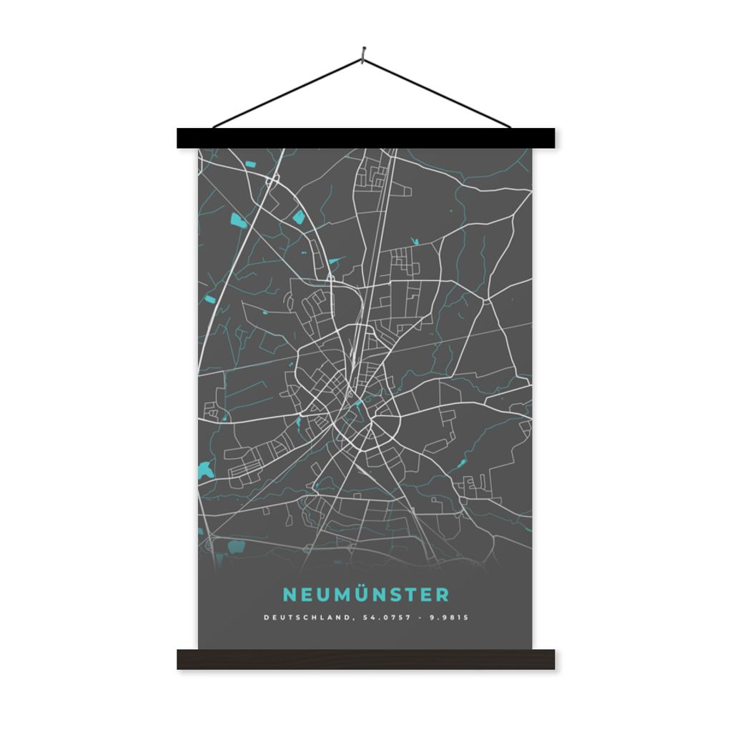 MuchoWow Textilposter Neumünster - Stadtplan - Blau - Karte - Deutschland 60x90 cm mit schwarzem Rahmen - Poster Wohnzimmer