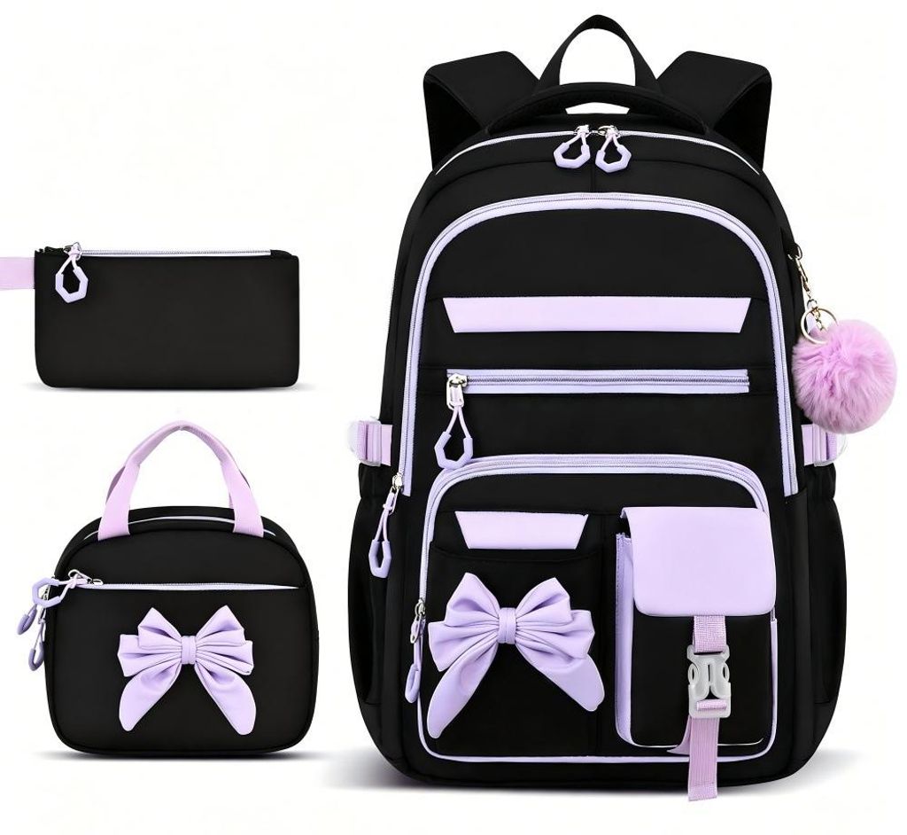 3-teiliges Schulranzen-Set Nylon Rucksack + Lunchbag, leicht, atmungsaktiv, robust, für Jungen & Mädchen, Schule, Freizeit, Teenager, Schwarz-lila