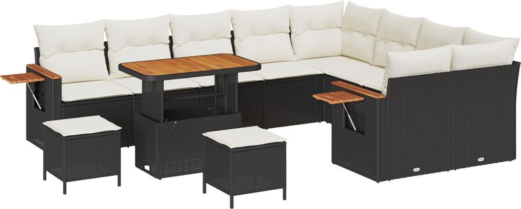 Möbel 12-teiliges Garten-Sofa-Set mit Kissen Schwarz Poly Rattan Akazie, 3-teiliges Garten-Dining-Set mit Kissen Schwarz Poly Rattan Akazie - Gart...