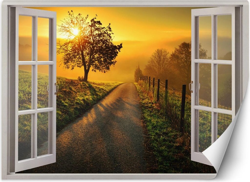 Vlies fototapete Fensterblick Sonnenuntergang Landschaft 280x200 cm Feeby Orange inkl. Kleber einfache Montage