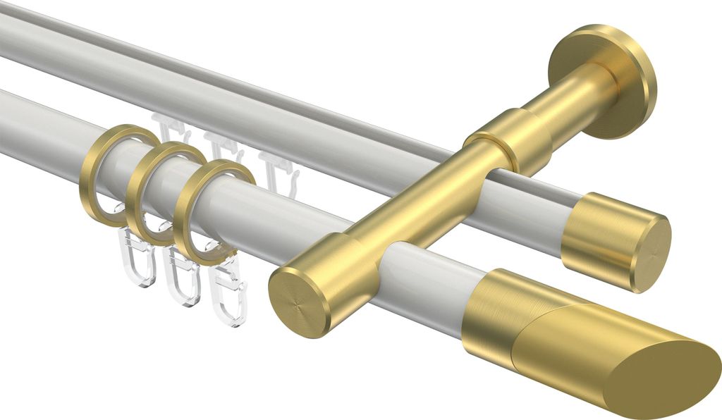 Interdeco Rundrohr-Innenlaufstange / Gardinenstange (Kombination) Weiß / Messing-Optik, Typ Prestige Verano (Schräge), 20 mm Ø 2-läufig, 360 cm