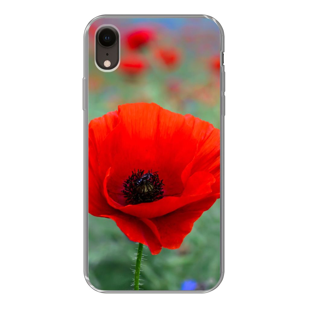 MuchoWow Handyhülle Schutzhülle Hülle für iPhone XR Lila und rote Mohnblumen auf einer Wiese Silikon Softcase Handy Hülle - Schutzdeckel