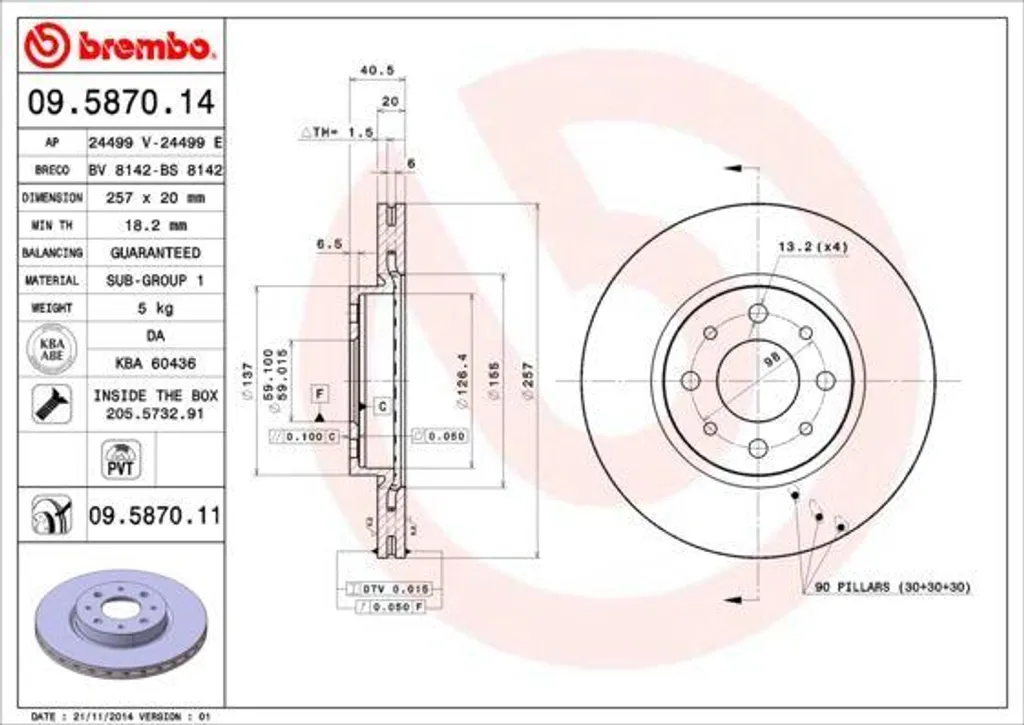 Disque de frein Brembo 09.5870.11 pour Fiat Punto, Barchetta et Strada