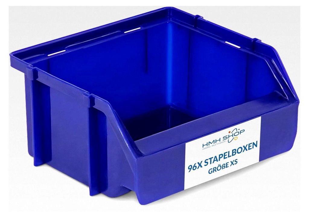 96 Stapelboxen Größe XS für Werkstatt, Garage und Keller, Sichtlagerboxen 90x102x50mm, BLAU