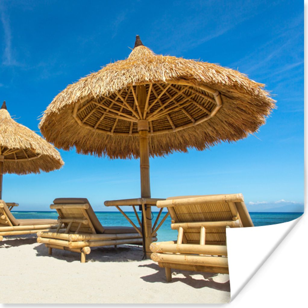 MuchoWow Poster Strandkorb - Strand - Sonnenschirm - Meer - Sommer 30x30 cm - Wandposter - Printing