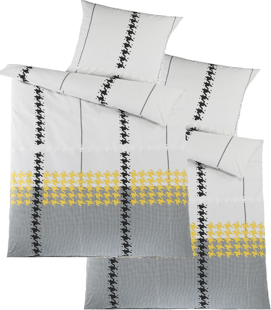 4-tlg. Bettwäsche 100% Baumwolle, Renforce, 2x(135x200 + 80x80cm), grau schwarz weiß gelb, kariert