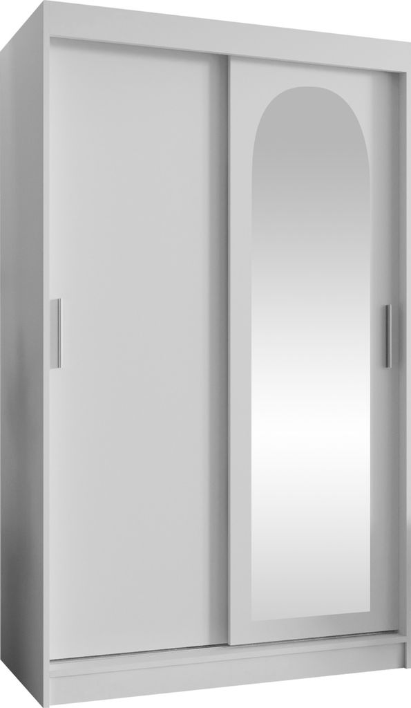 MIRJAN24 Kleiderschrank Selfie 120, Schwebetürenschrank mit zwei Kleiderstangen, Garderobe (Farbe: Weiß, Größe: 120 cm, mit Schubladen)