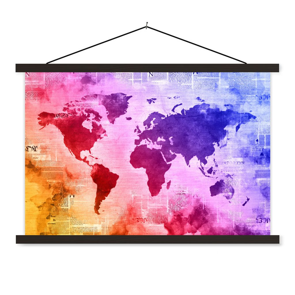 MuchoWow Textilposter Weltkarte - Aquarell - Regenbogen 120x80 cm mit schwarzem Rahmen - Wanddeko