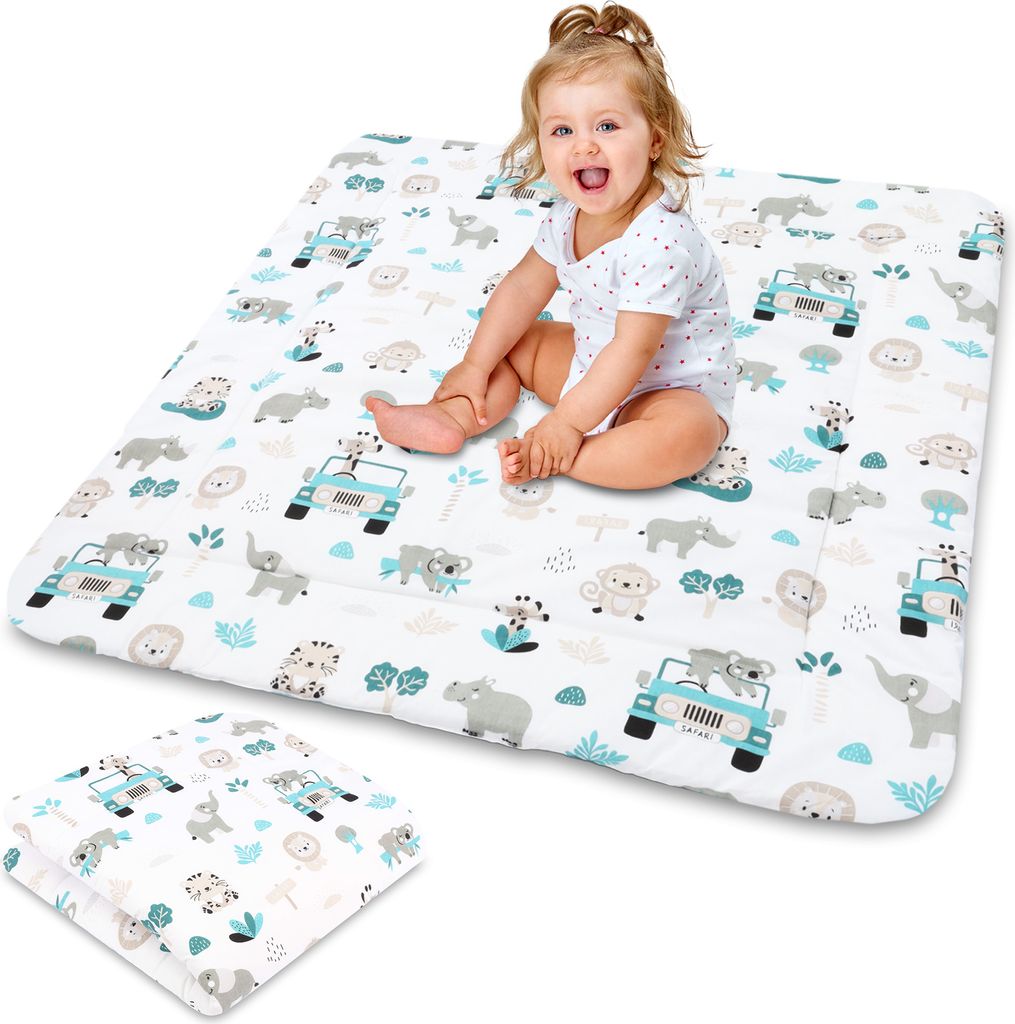 Krabbeldecke für baby Spieldecke 100x100 cm gepolstert - krabbelteppich groß dicke faltbare Laufgittereinlage aus Baumwolle Afrika Salbei