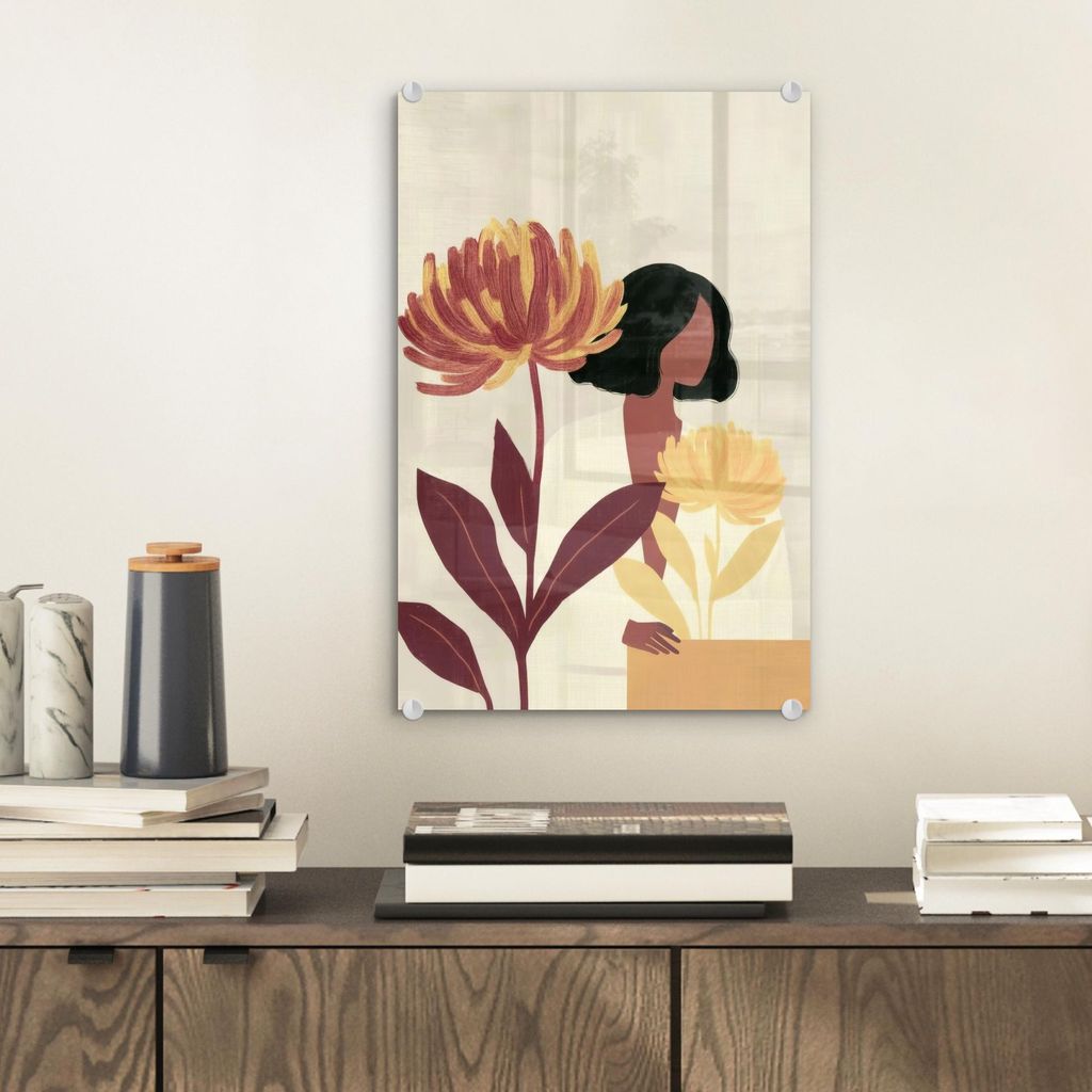 MuchoWow Glasbilder - Bilder auf Wandbild - Foto auf Glas Frau - Minimalistisch - Blume 20x30 cm Wanddekoration aus Glas - Acrylglasbild - Acrylbil...