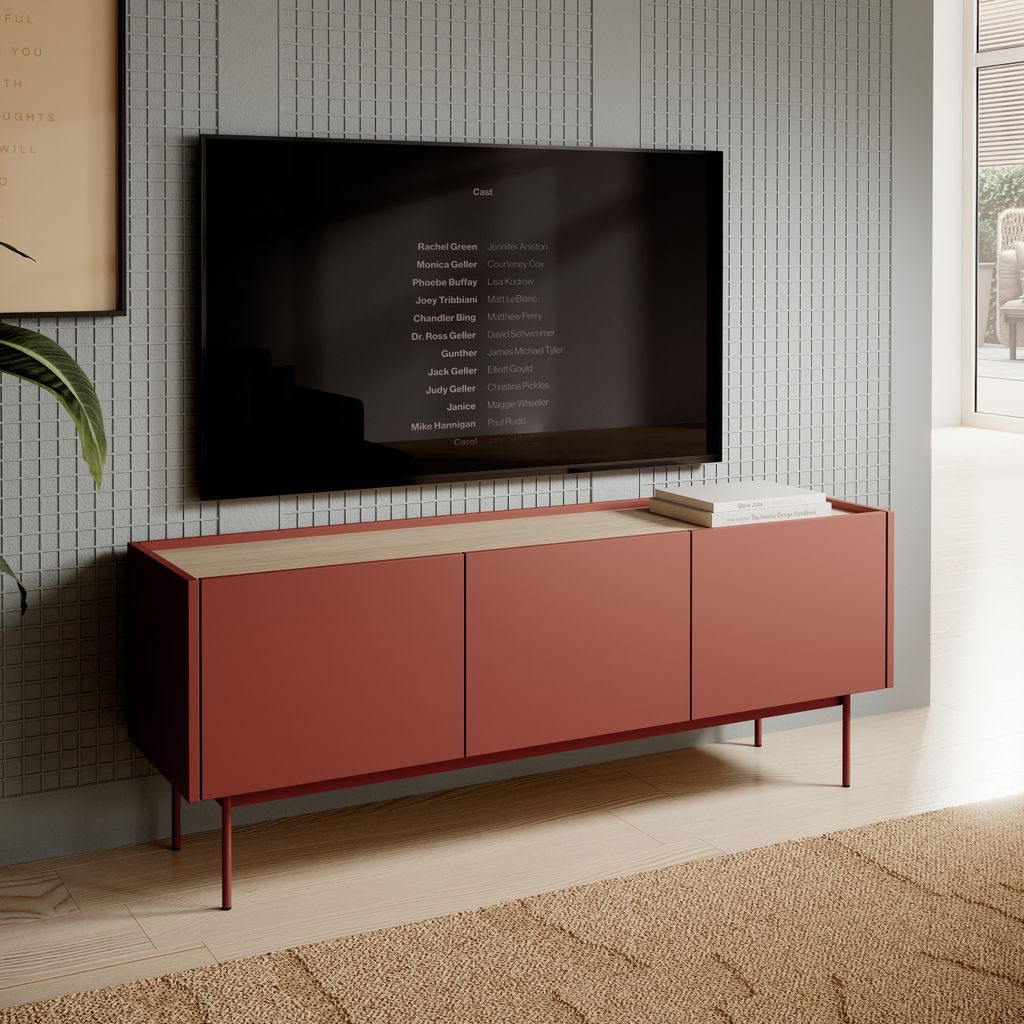 Masseno TV-Schrank COLORE 144 cm Fernsehschrank mit 3 Türen TV-Lowboard für Wohnzimmer Modern 144x37x55 cm Rot / Rot