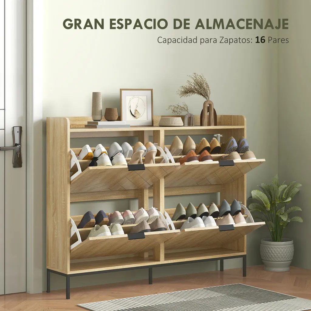 Armoire à chaussures étroite en chêne avec 4 compartiments rabattables - 4