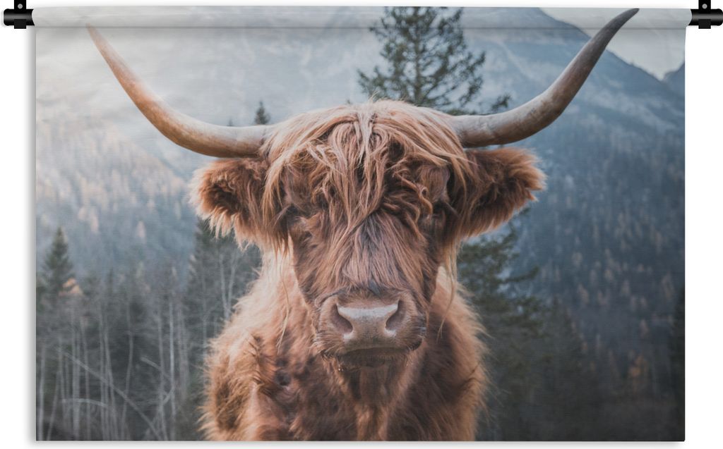 MuchoWow Wandteppich Wandbehang Schottischer Hochländer - Kuh - Tiere - Berg - Natur 60x40 cm Tapisserie Dekoration Wandtuch - Wanddekorationen