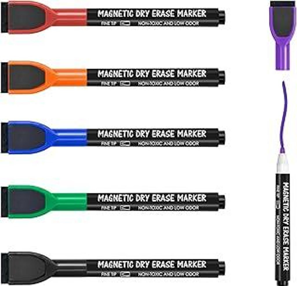 maxtek Magnetische Whiteboard Marker, 6 Farben Stifte abwischbar mit Radiergummi, Feinspitze 1–2 mm Linienbreite, Folienstifte für Zuhause, Schu...