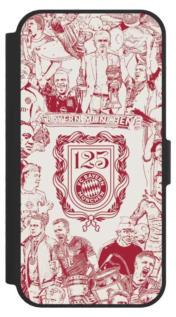NIVOCASE Klapphülle für Apple iPhone 16e Handyhülle aus Kunst Leder NIVOflip schwarz FC Bayern München Offizielles Lizenzprodukt FCB 125 Jahre
