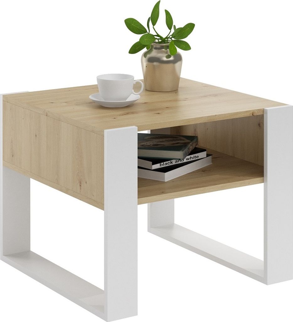 MATKAM Couchtisch KAJA H50 x B60 x T63,6 cm, offene Ablage unter der Tischplatte, Kufenbeine, Wohnzimmer Couchtisch Modern (Artisan Eiche Weiß)