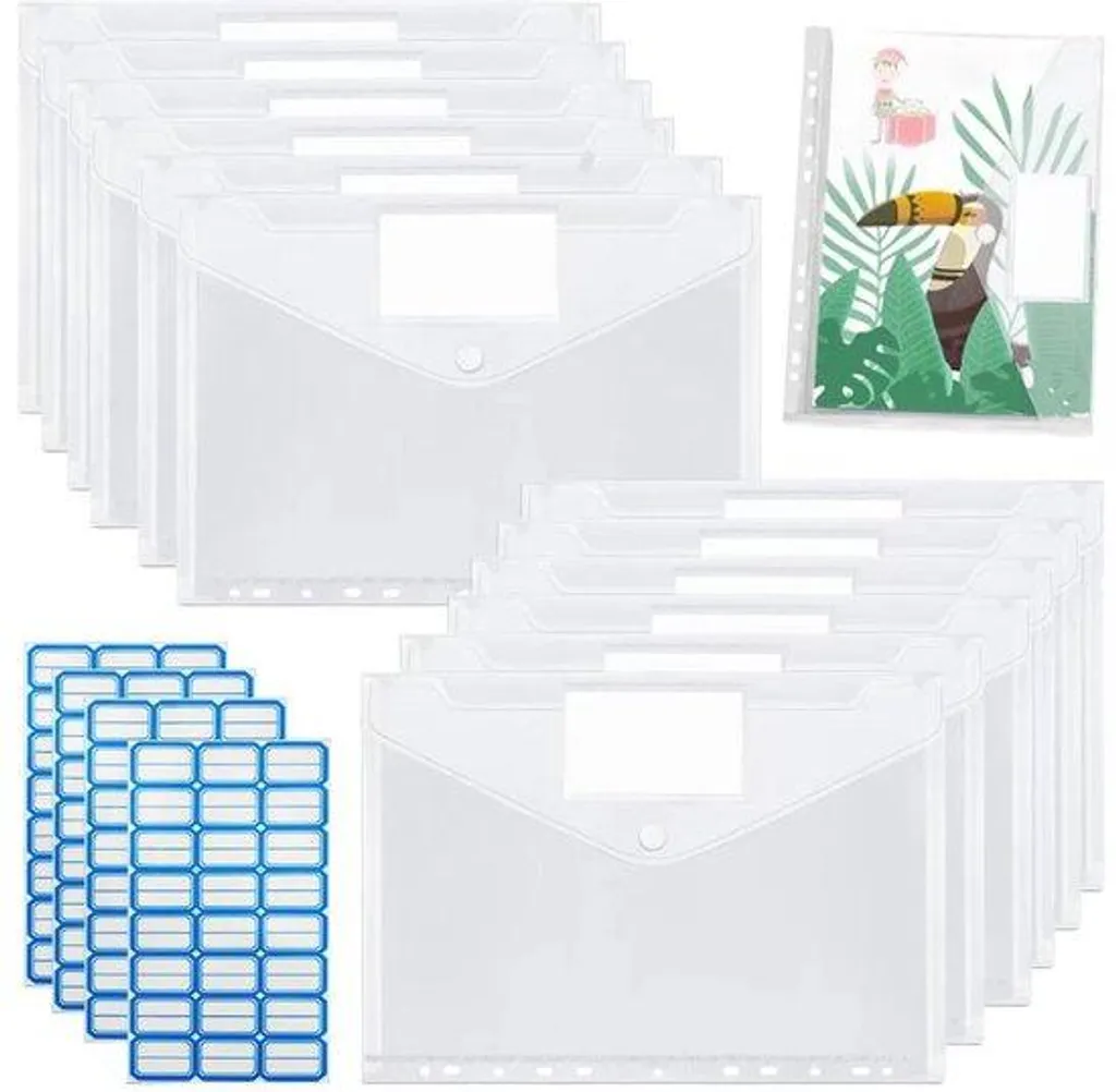 Porte-documents transparent A4 avec pince et 12 pochettes de rangement