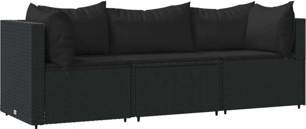 3-tlg. Garten-Lounge-Set mit Kissen Schwarz Poly Rattan