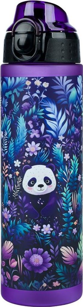 A purple water bottle with a jungle panda design.