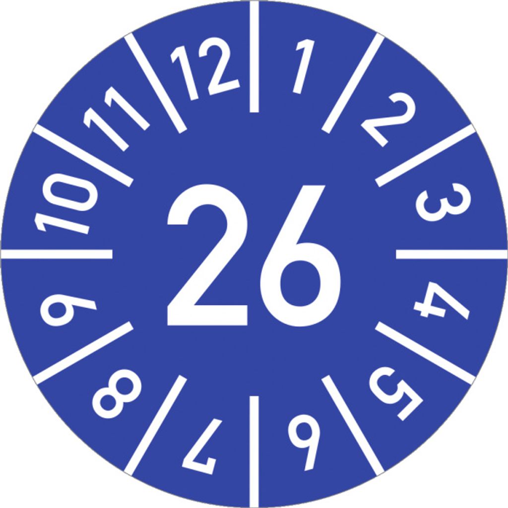 Dreifke Prüfplakette Jahr 26 mit Monaten, blau, Dokumentenfolie, Ø 10 mm, 10...