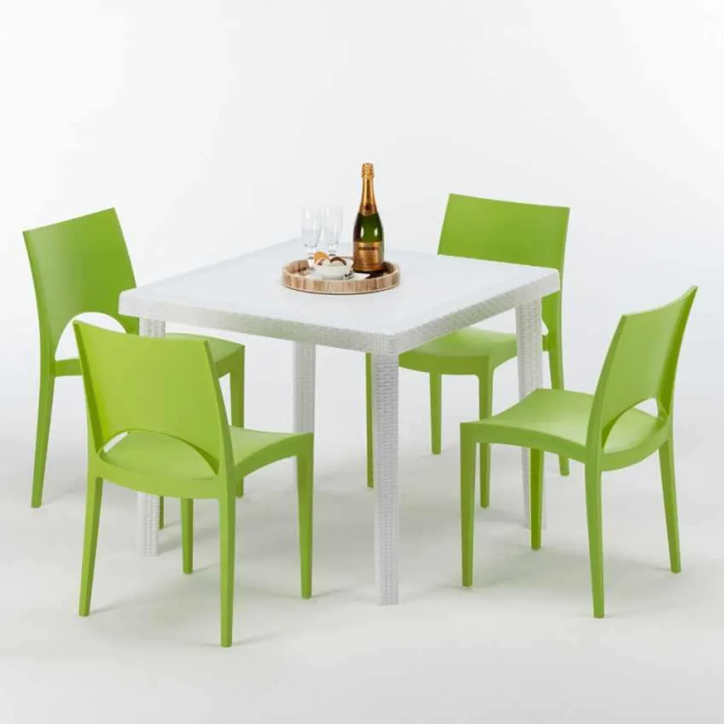 Salon de Jardin Table Carrée avec 4 Chaises en Résine Colorée Verte
