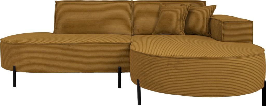 Ecksofa 3-Sitzer im Loft-Stil, Skandi-Design – L-Form, Ecke Rechts – Hohe Metallfüße – inkl. Dekokissen, Cordstoff Chenille – Senf