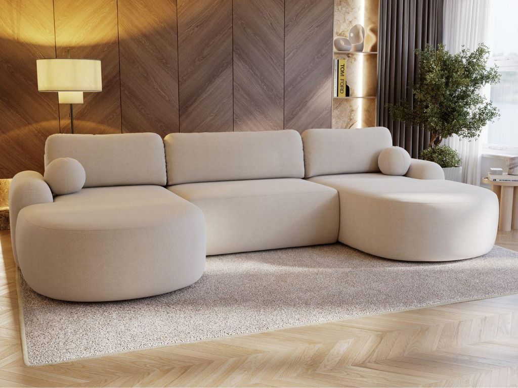 GrainGold Ecksofa U-Form Aurio - Ecksofa mit Schlaffunktion, Bettkasten - Moderne Ecksofa, Wohnzimmer Sofa - Eckcouch mit Bouclé-Stoff - Creme