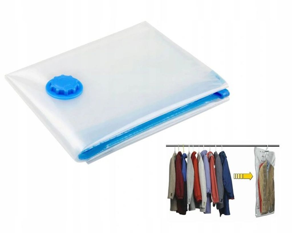 A folded vacuum storage bag with a blue valve is shown on a white background. A smaller inset image shows clothes hanging on a rack and being placed into a vacuum bag.