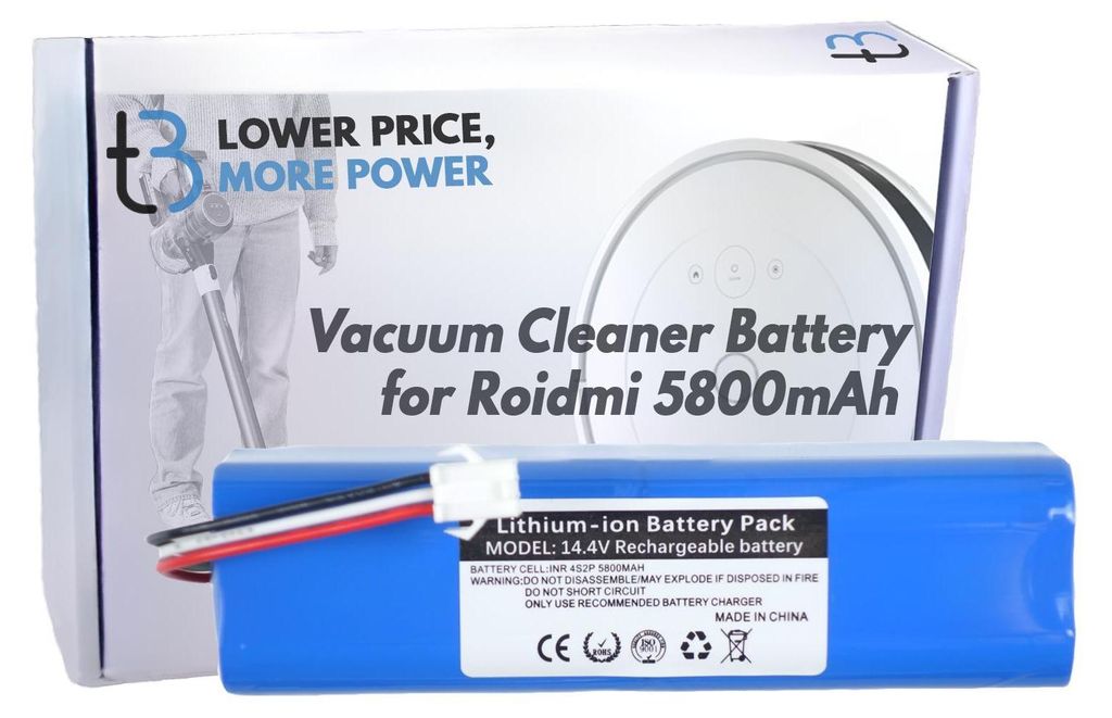 A product shot of a vacuum cleaner battery and its packaging.