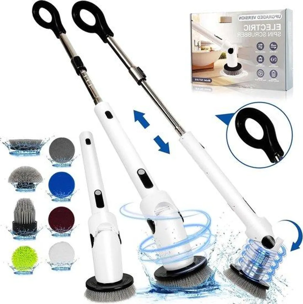 Brosse électrique à main sans fil avec long manche et 8 têtes de nettoyage
