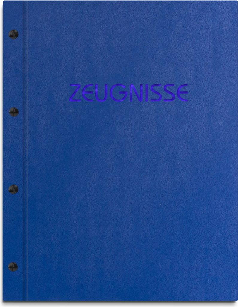 Zeugnismappe im blauen Einband in Lederoptik, mit hochwertigem Prägedruck in blau – handgefertigte Mappe für Zeugnisse inkl. 12 Sichthüllen