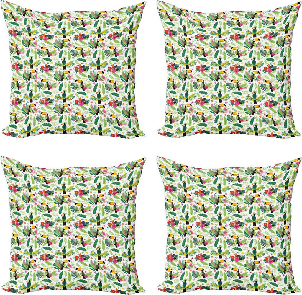 ABAKUHAUS Papagei Kissenbezug Set (4 Stück), Jungle Flora und Fauna, Moderner Doppelseitiger Digitaldruck, 45 cm x 45 cm, Mehrfarbig