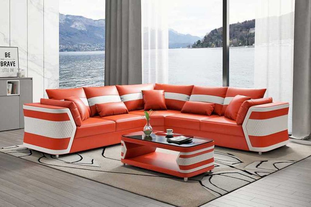 Orange Eckgarnitur Luxus Ledersofa Ecksofa Couch Sofa Wohnzimmer Modern