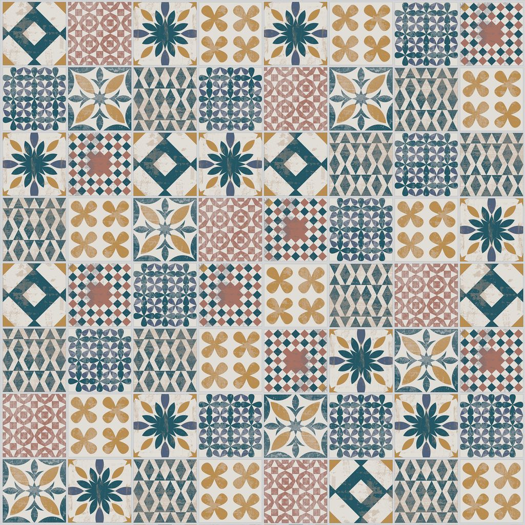 ARTENS - PVC Bodenbelag - Click Vinyl-Fliesen BAHIA - Vinylboden - INTENSO - Zementfliesen Muster - Blau / Rosa / Gelb - L.61 cm x B.30,5 cm - Dick...