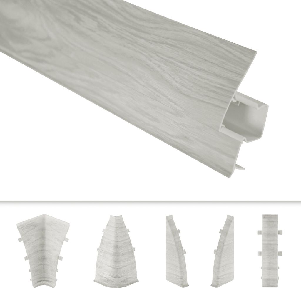 LEMAL Sockelleisten und Zubehör - PVC Fußleisten 60x26mm mit Kabelkanal - (1 Endkappe links, EKL.0108 Hellgrau) Holzoptik Ecken Verbinder Außen ...