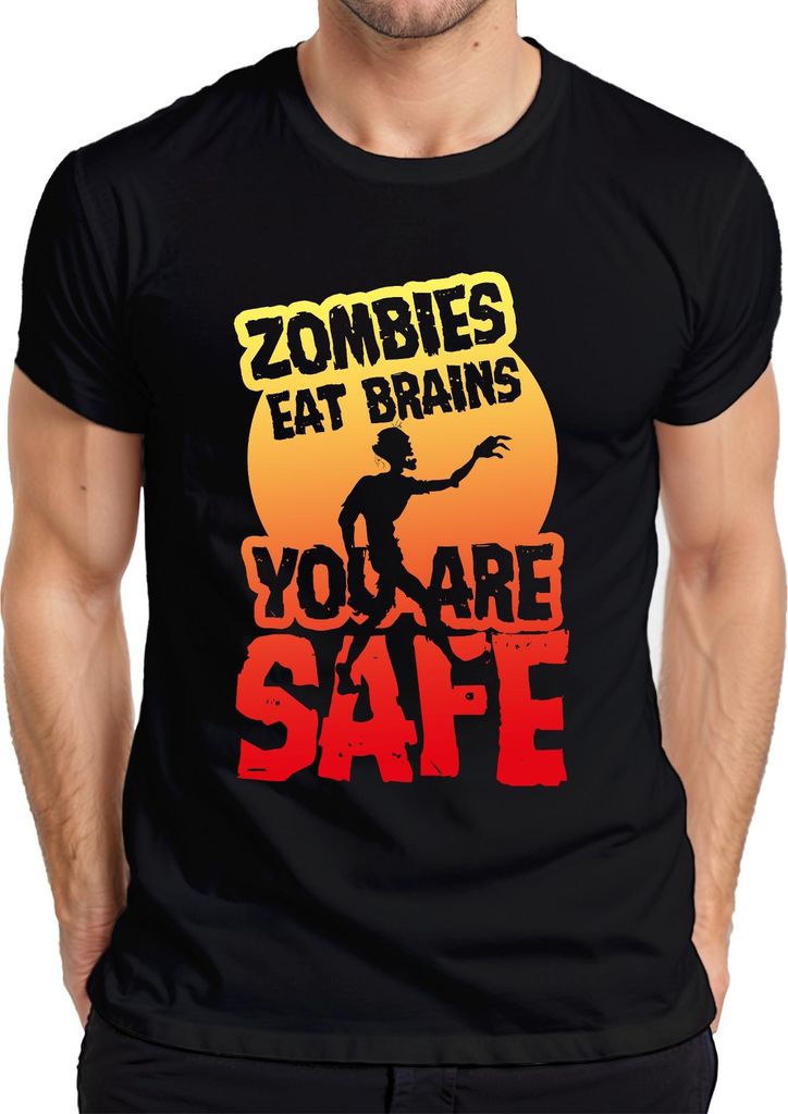 ZOMBIES EAT BRAINS YOU ARE SAFE Halloween Horror Zombie Geschenk Herren T-Shirt, Schwarz, L