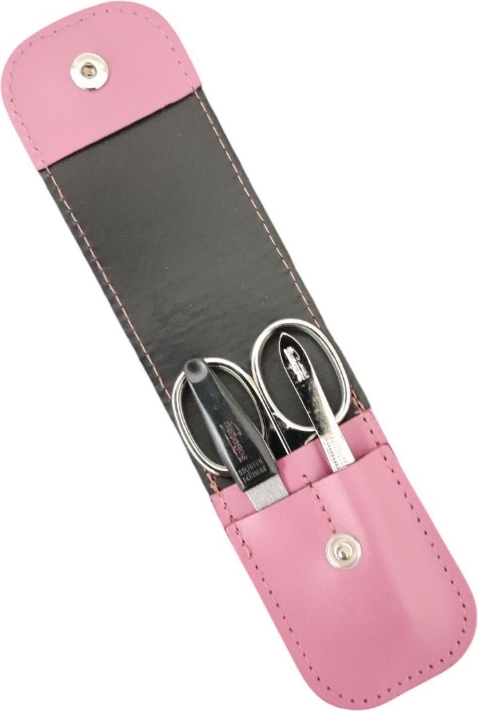 3-teiliges Solingen Maniküre Set mit Leder Etui, Nagelschere, Feile, Pinzette, Germany Magenta