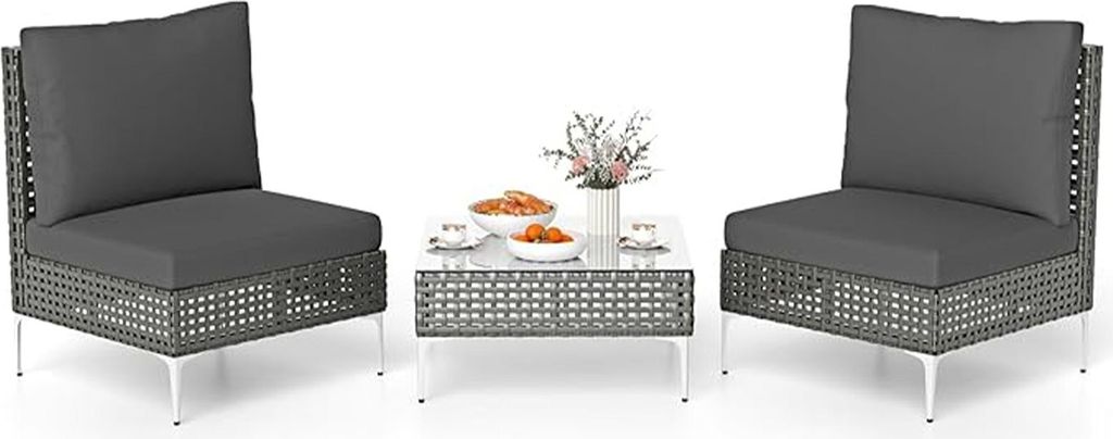 3-teilige Gartenmöbel-Set, 2 Relax-Stühle aus Rattan mit gepolsterten Sitzkissen und zusätzlichen Kissen, 1 Couchtisch mit gehärteter Glasplatt...