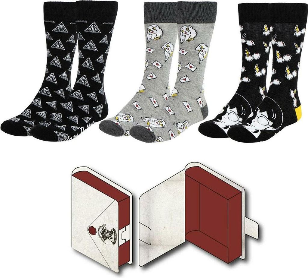 Three pairs of Harry Potter themed socks and a box for them.