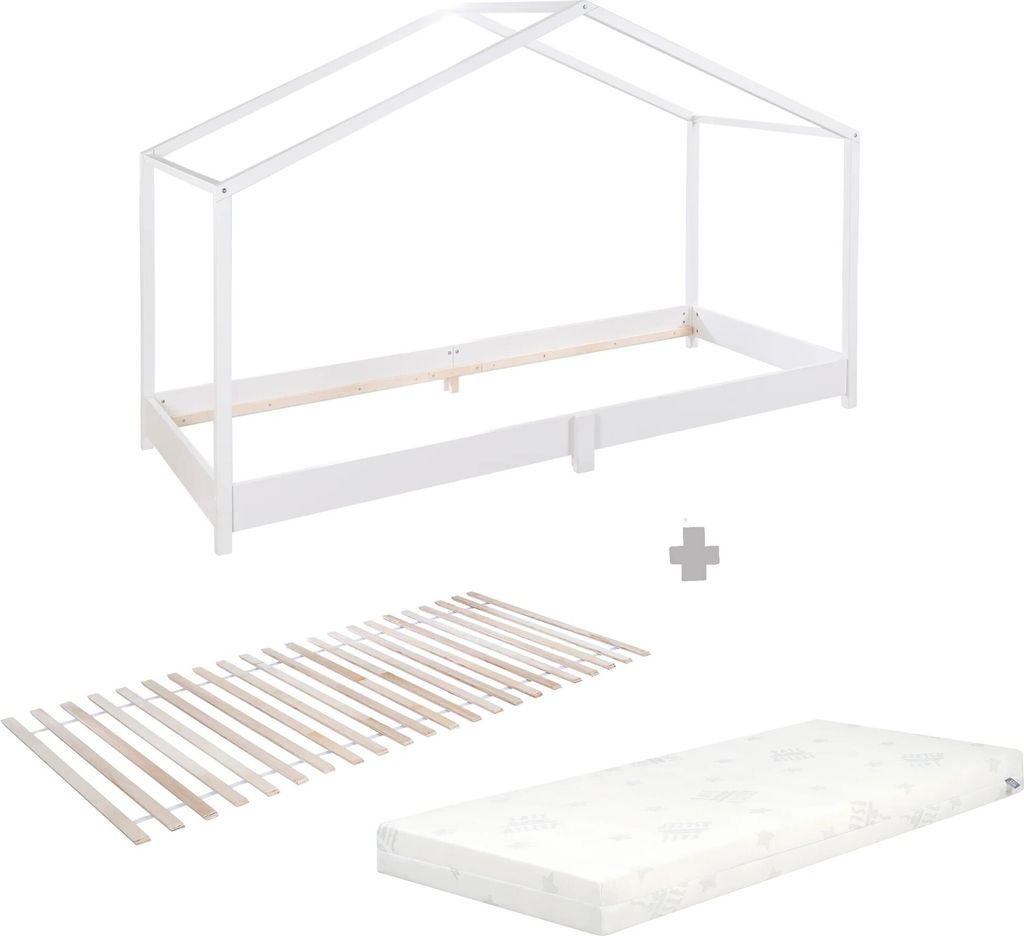 roba Hausbett bodentief aus Massivholz - Set mit Lattenrost und Matratze - 90 x 200 cm - Bodenbett nach Montessori Prinzip - Holz weiß lackiert