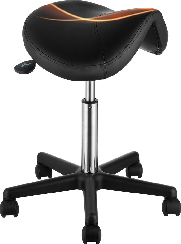 A black saddle stool with orange accents on a white background.