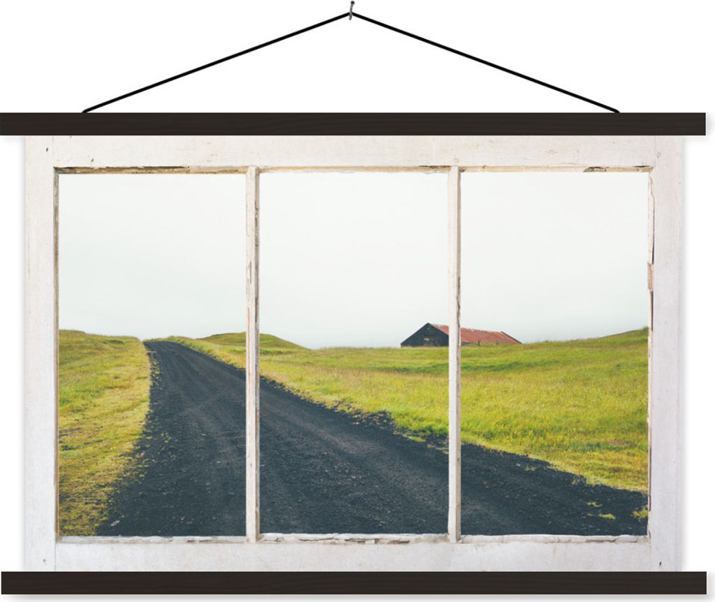 MuchoWow Textilposter Aussicht - Straße - Gras 150x100 cm mit schwarzem Rahmen - Schlafzimmer