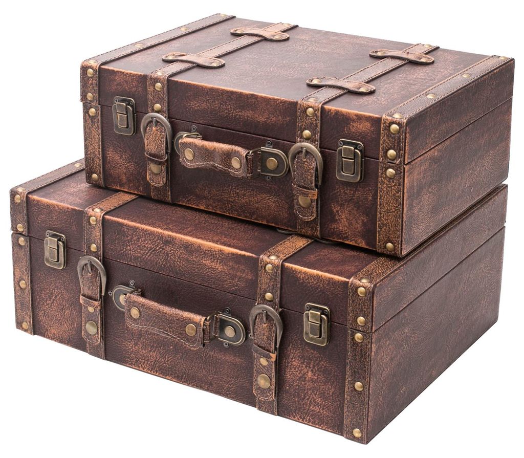 HMF Deko Koffer aus Holz mit Deckel und Ledergriff, Klassik, 2er Set