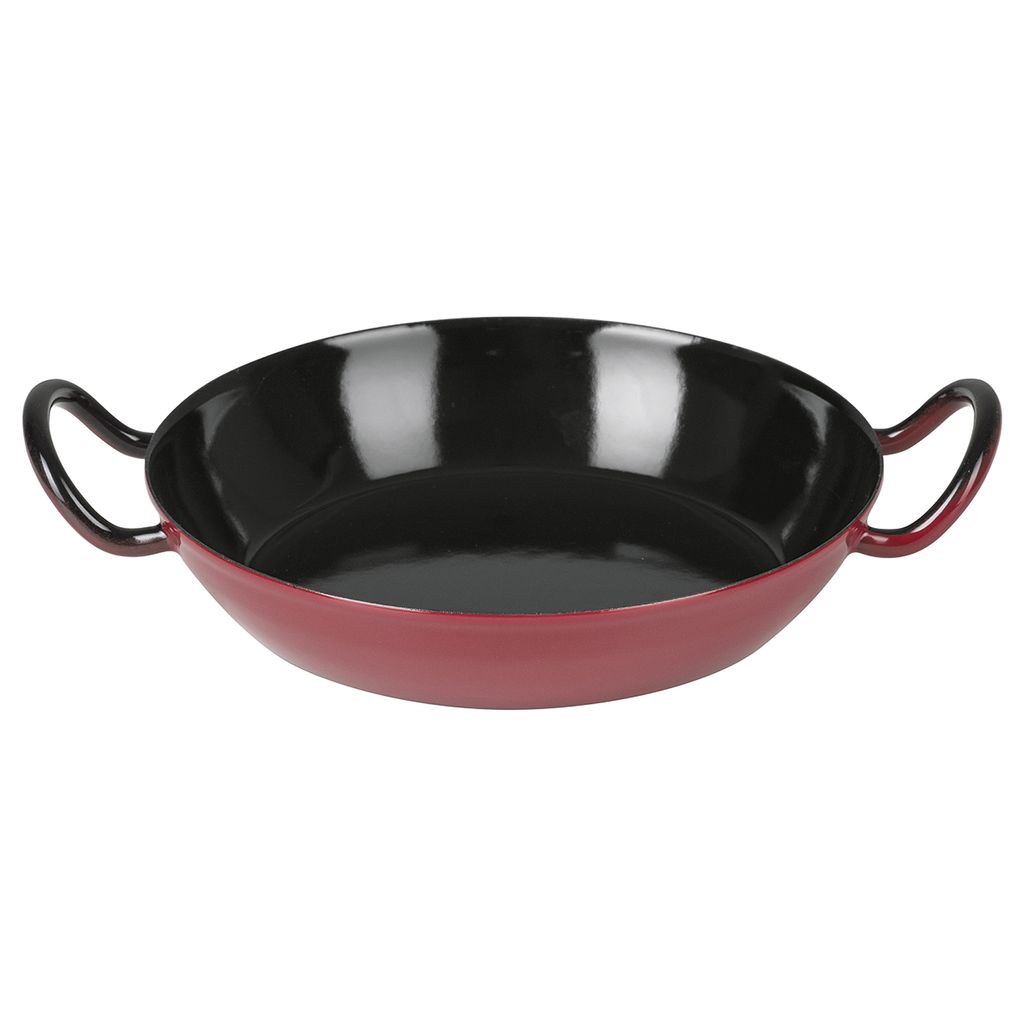 A red and black frying pan with two handles is shown against a white background.