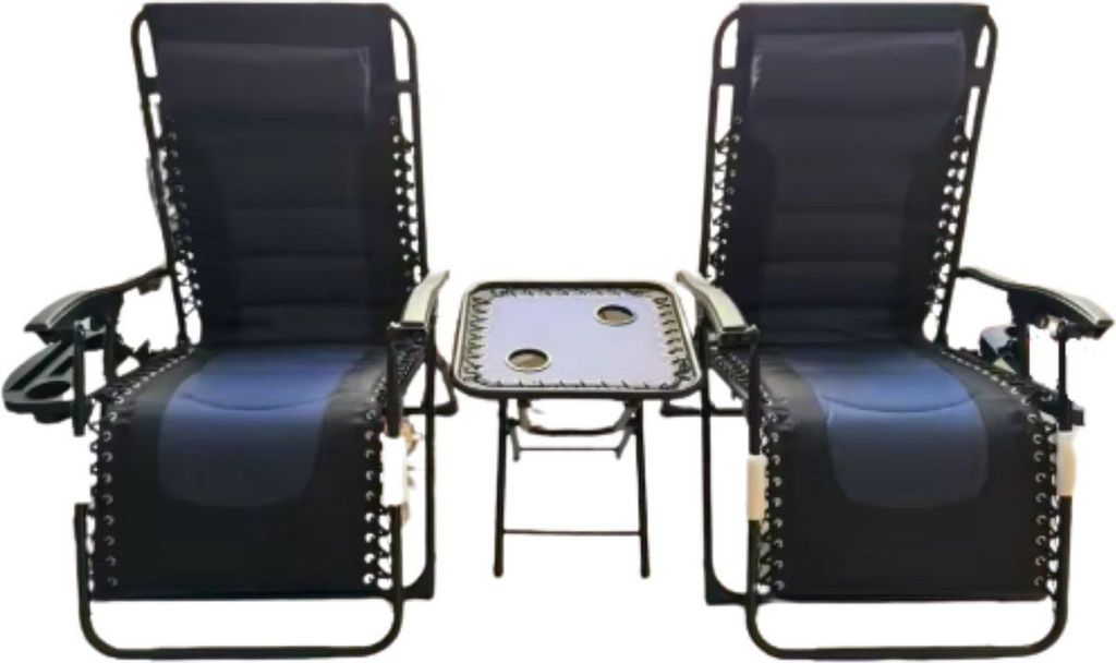 Luxe 2er-Set Garten-Liegestühle – Verstellbar 90°-160° – Mit Klapptisch, Kopfstützen & Getränkehalter – Schwarz/Blau – Outdoor, Balkon...