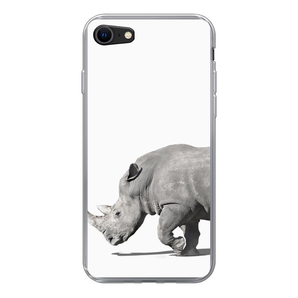 MuchoWow Handyhülle Schutzhülle Hülle für iPhone SE 2020 Rhinozeros - Tiere - Weiß Silikon Softcase Handy Hülle - Kartenbesitzer