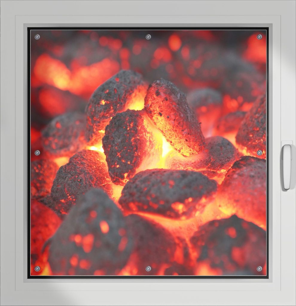 Wallario Lichtschutzbild, Dekorativer Sichtschutz Sonnenschutz 96 x 93 cm mit Motiv: Glühende Kohlen im Kamin - Verdunklung ohne Bohren
