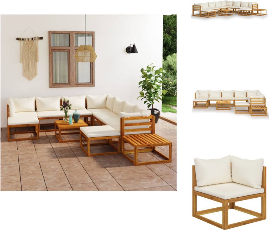 vidaXL 12-tlg. Garten-Lounge-Set mit Auflagen Creme Massivholz Akazie - Gartenmöbel-Sets