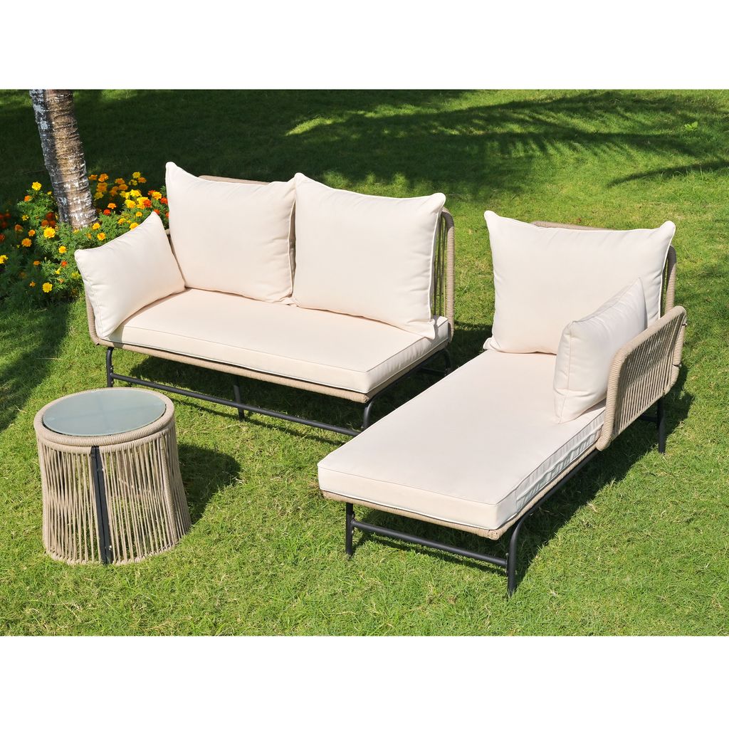 MODFU Gartenlounge Set Terrassen-Außenmöbel mit Liegefunktion,Gartenmöbel-Set mit L-förmiges Sofas und Tische,Couchtisch,Ecklounge,gewebtem Sei...