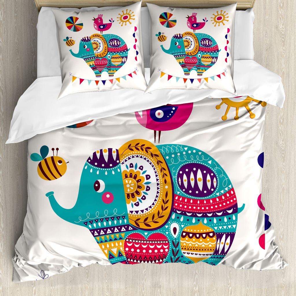 ABAKUHAUS Kindergarten Bettbezug, Elefant Vogel Bee Kunst, Milbensicher Allergiker geeignet mit Kissenbezügen, 155 cm x 220 cm - 80 x 80 cm, Mehrf...